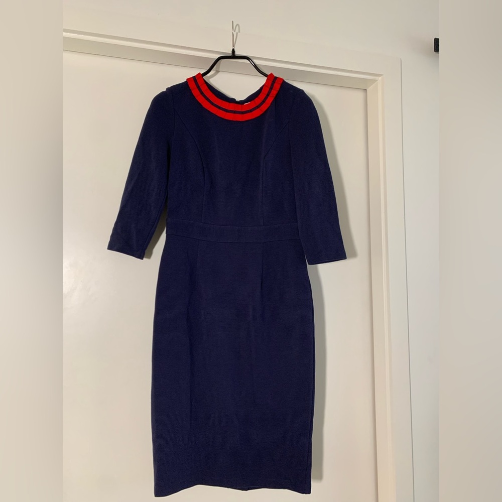 BODEN Navy Blue Polperro Ottoman ponte knit sheath dress Size 6 Red Collar